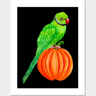 Cute Halloween Ringneck Parrot on Autumn Pumpkin Posters and Art